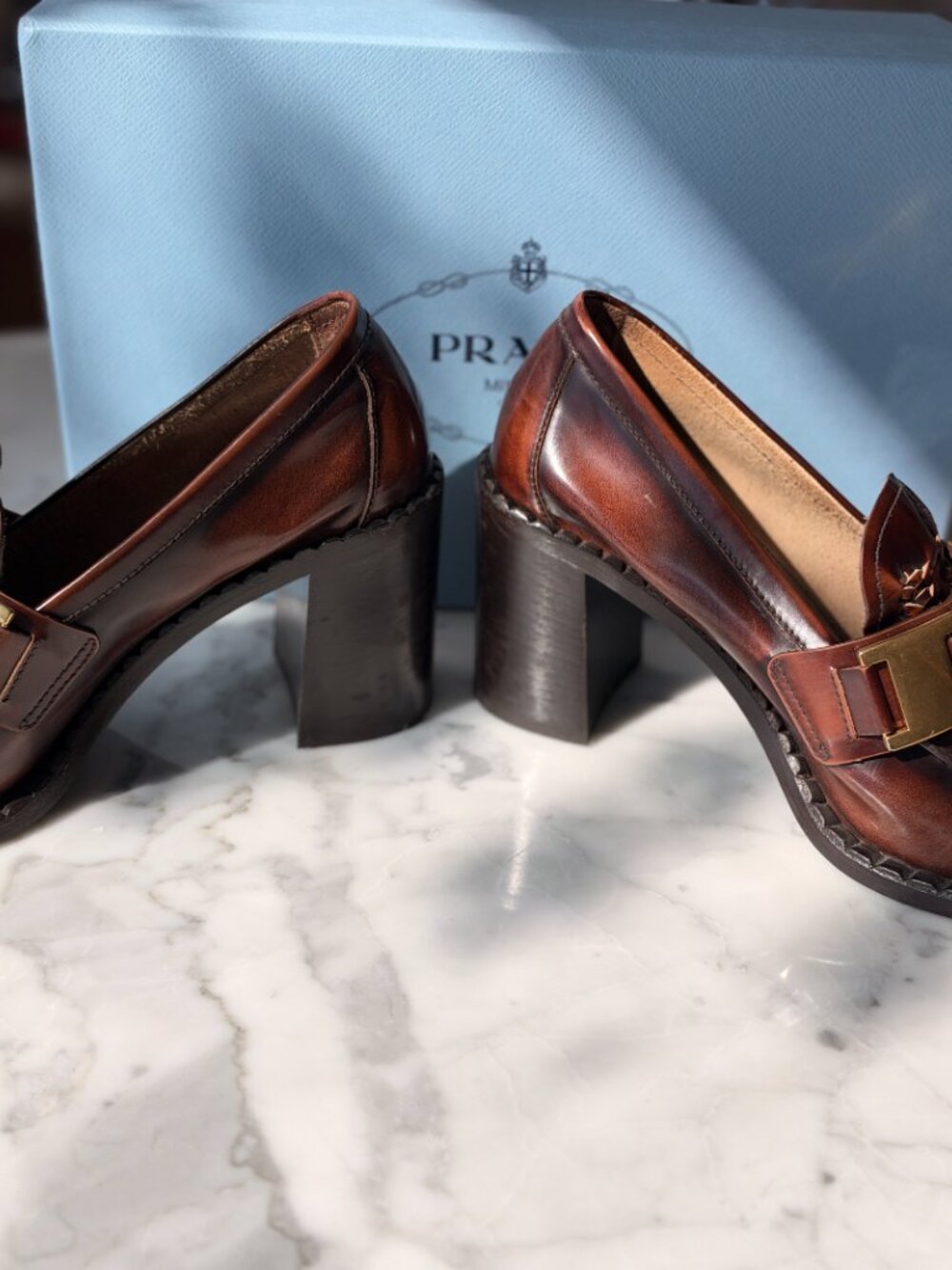 PRADA Leather Woven Heeled Loafers Gold Buckle w/ Box - Picture 6 of 8
